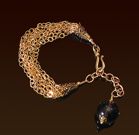 Eight strands gold filled chain bracelet, smoky quartz pendant, vermeil cones and hook clasp