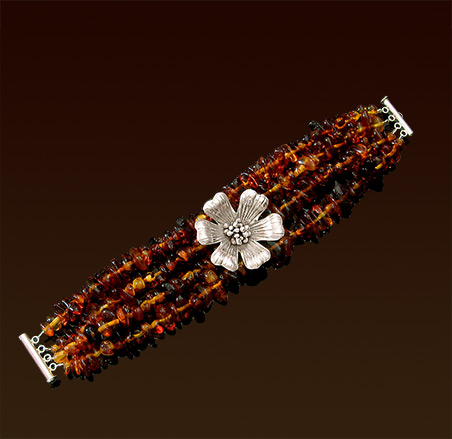 Four strands amber bracelet, Hill Tribe flower, sliding sterling clasp