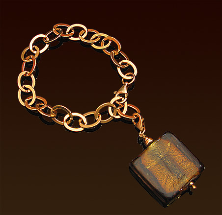 Large gold filled chain bracelet, detachable venetian gold foil square pendant, lobster clasp bracelet