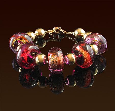 One of a kind bracelet, gold foil lampwork beads, gold filled round beads