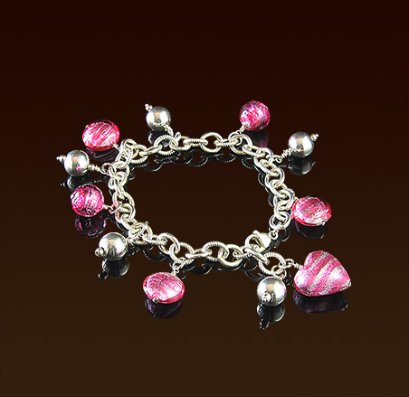 Large sterling chain bracelet, venetian silver foil beads and sterling balls, lobster clasp, adjustable