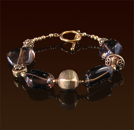 Large smoky quartz gemstones, vermeil Bali beads and toggle clasp bracelet