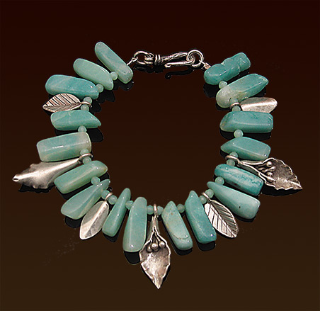 Amazonite gemstones bracelet with Hill Tribe silver floral charms, hook and eye clasp