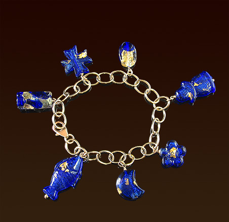 Large gold filled chain bracelet, blue and gold venetian glass beads charms, lobster clasp