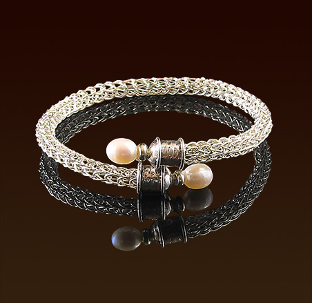 Handwoven sterling chain with memory wire bracelet, white freshwater pearls finials