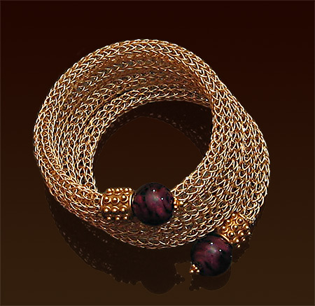 Four loops handwoven bracelet on memory wire, gold filled, purple aventurine venetian beads and vermeil finials