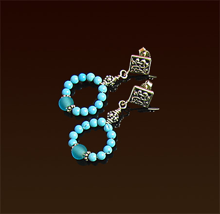 Stabilized turquoise, druk beads, sterling post earrings