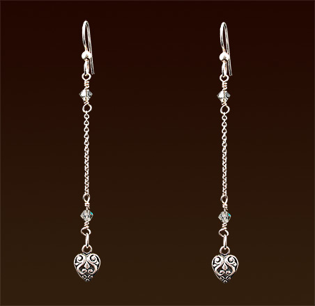 Sterling filigree heart, swarovski crystal, sterlling chain & french wires earrings