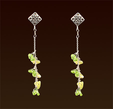 Peridot and serpentine chips, sterling chain & post earrings