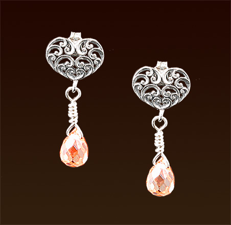 Apricot swarovski drops, sterling filigree post earrings