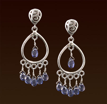 Iolite briolettes, sterling chandelier & filigree post earrings