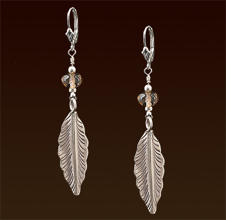 smoky quartz gemstones, Hill Tribe silver leaves, sterling lever back earrings