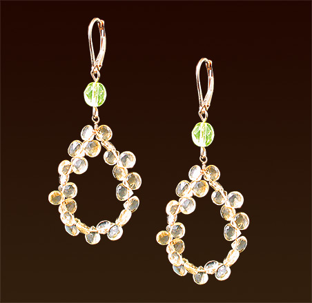 Citrine briolette loops, peridot druk beads, gold filled lever back earrings