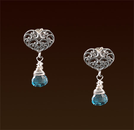 Lond blue topaz briolettes, sterling wrapping & filigree post earrings