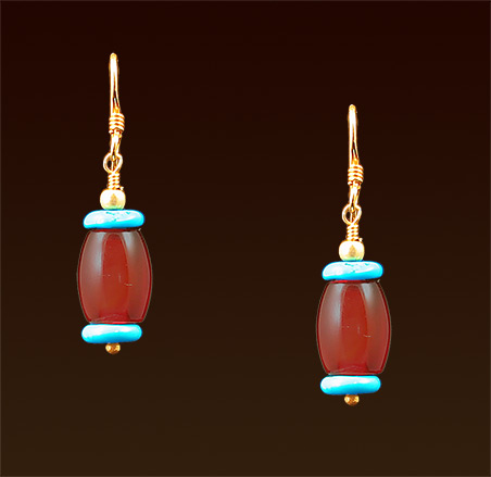 Carnelian barrel stones, turquoise disks, gold filled french wires earrings