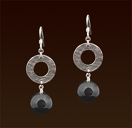 Black onix spheres, sterling hammered rings & french wires earrings