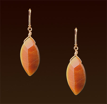 Tiger eyes leaf stones, gold filled lever back earrings