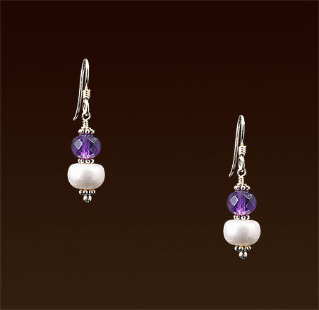 Faceted amethyst, white freshwater pearls, sterling french wires earrings