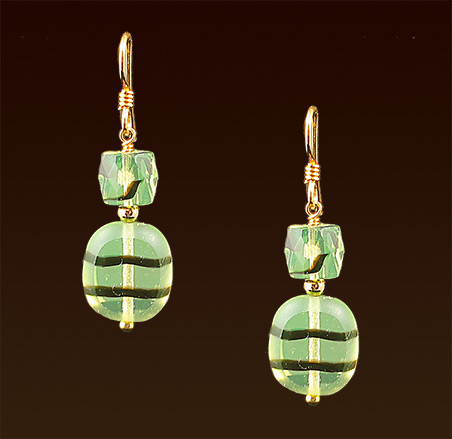 Black striations on green glass beads, gold filled french wires earrings