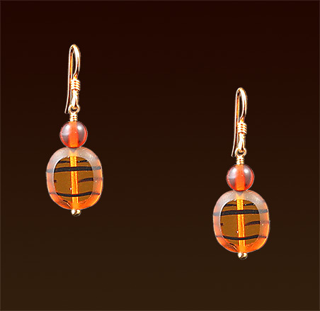 Black striations on topaz glass beads, gold filled french wires earrings