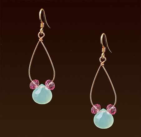 Pale green chalcedony, swarovski crystals, gold filled french wires earrings