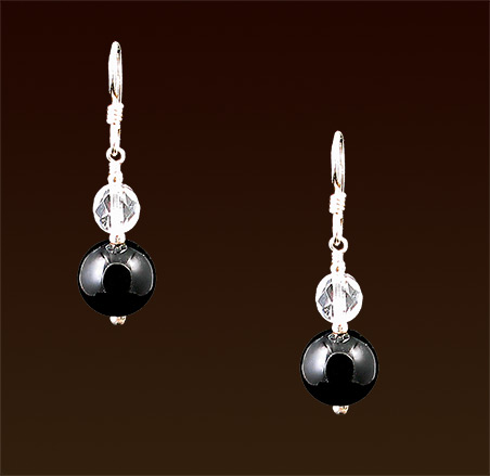 Onyx, clear druk beads, sterling french wires earrings