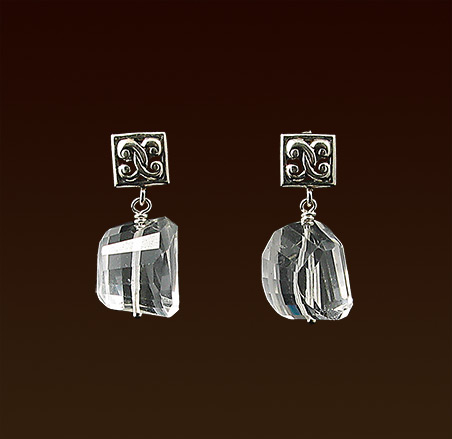 Laser cut rock crystal, sterling post earrings