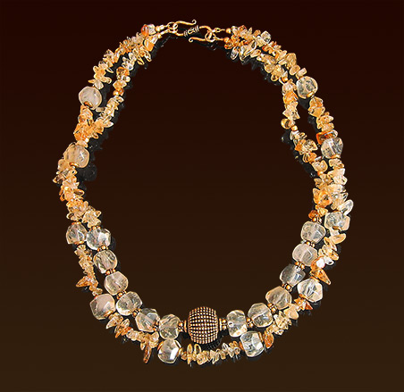 Two strands carnelian and citrine necklace, Balinese vermeil focal bead, accents & "S" clasp, strands can be used separately