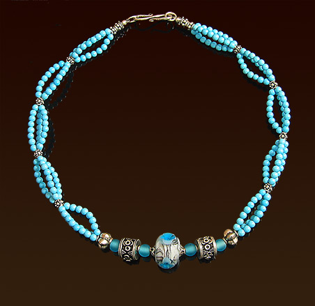 Stabilized turquoise necklace, one of a kind focal lampwork glass bead, Balinese silver accents & "S" hook clasp