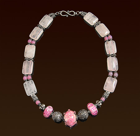 One of a kind lampwork glass beads necklace, rose quartz, Balinese silver accent beads, spacers and "S" clasp