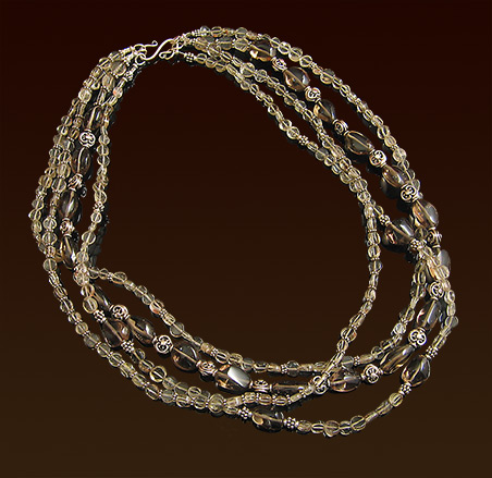 Four strands smoky quartz necklace, Balinese silver accent beads & "S" clasp, strands can be used separately