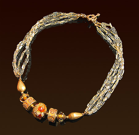 One of a kind lampwork glass beads necklace, four strands citrine stones, Balinese vermeil accent beads and toggle clasp