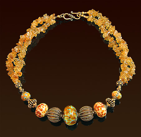 One of a kind lampwork glass beads necklace, two strands carnelian chips, Balinese vermeil accent beads and "S" clasp