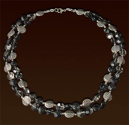 Two strands of manmade black rutilated quartz necklace, Balinese silver beads and lobster clasp