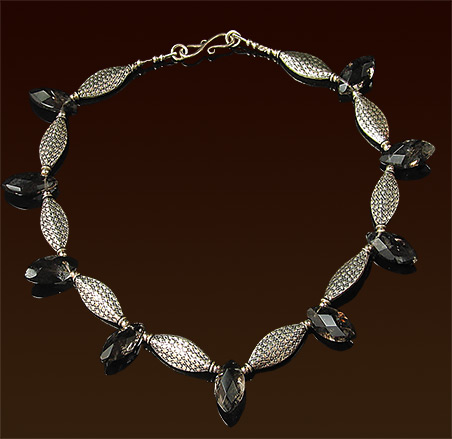 Manmade black rutilated quartz necklace, Balinese silver beads and "S" clasp