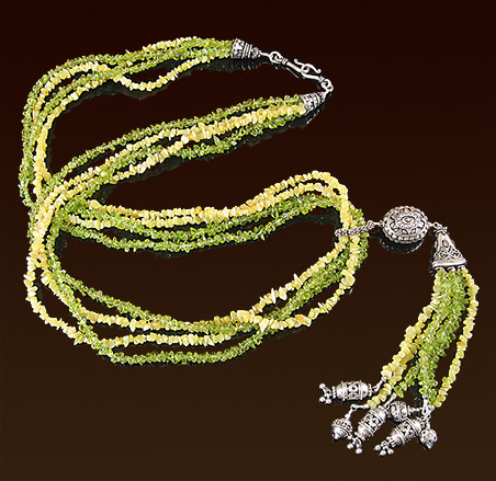 Peridot & serpentine chips necklace, 34", Balinese silver beads pendant, slider and clasp, 7" pendant