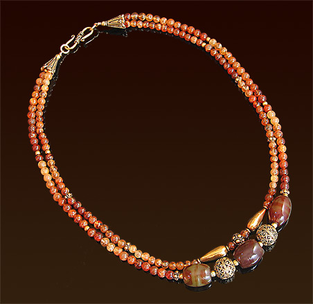 Double stranded carnelian stones necklace, vermeil accent beads and "S" clasp