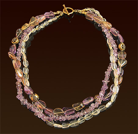 Three strands ametrine, citrine and amethyst necklace, Balinese vermeil accent beads and toggle clasp