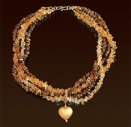 Four strands necklace, tiger eye, carnellian & citrine chips, Balinese vermeil satin heart pendant, spacers and "S" clasp