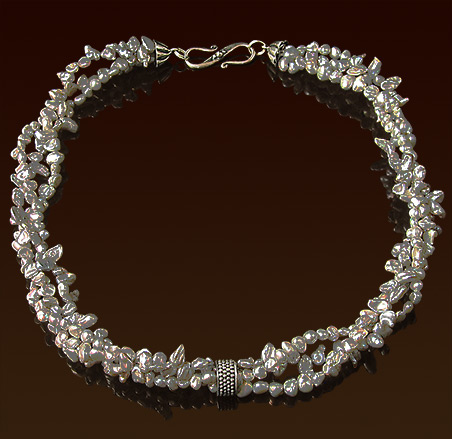 Gray freshwater pearls necklace, 18 ", Balinese silver slider and "S" clasp