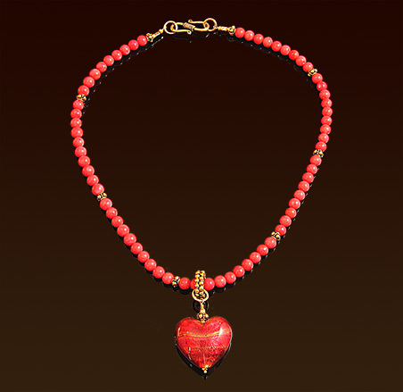 Dyed coral necklace, gold foil venetian glass heart pendant, Balinese vermeil accents, slider and "S" clasp