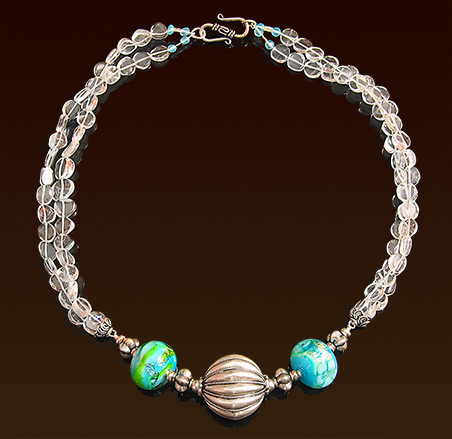 One of a kind turquoise & green lampwork beads necklace, Balinese silver focal, accent beads and "S" hook clasp