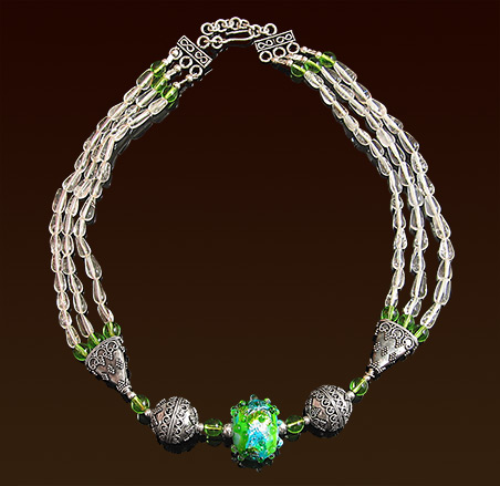 One of a kind turquoise & green lampwork bead necklace, Balinese silver accent beads & hook and eye claps