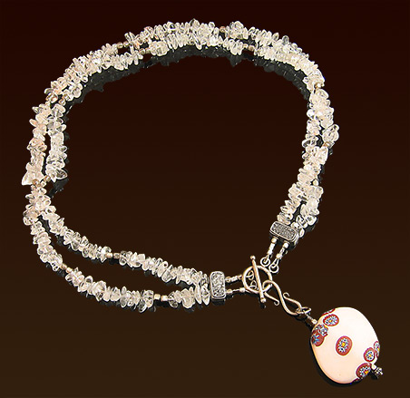 Double stranded crystal chips necklace, 20", Balinese silver accents & toggle clasp, detachable venetian glass pendant