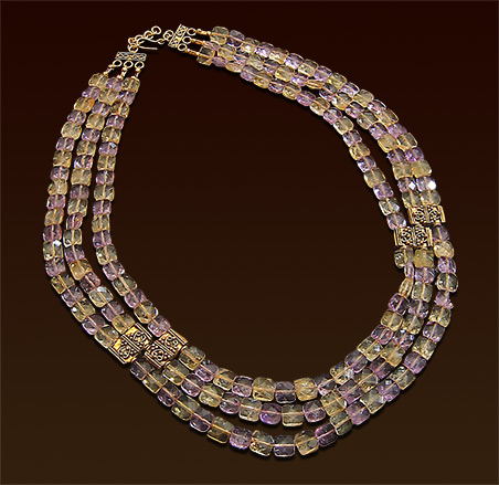 Triple strand faceted citrine and amethyst necklace, Balinese vermeil spacers and clasp