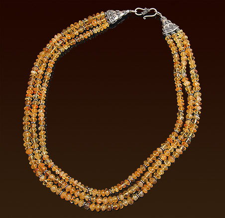 Triple strand carnelian stones necklace, Balinese silver accent beads & "S" clasp