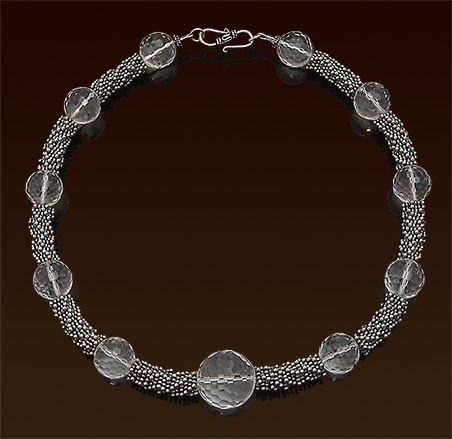 Faceted rock crystal and Balinese silver necklace, S clasp