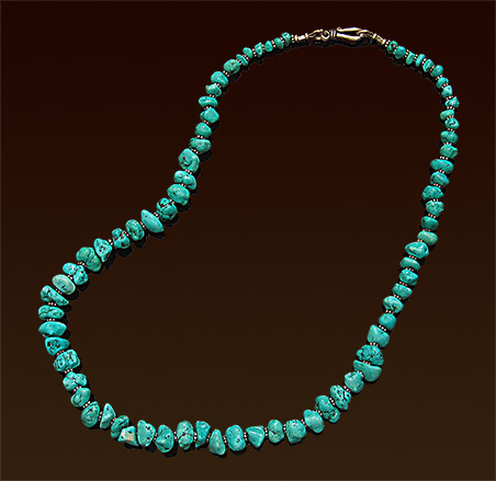 Stabilized turquoise necklace,graduated, Balinese silver accents & eye and hook clasp