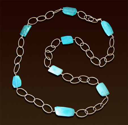 Necklace with asymmetrically faceted blue opal stones, large links sterling chain, lobster clasp