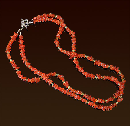 Two strands carnelian chips necklace, peridot accents, sterling toggle clasp